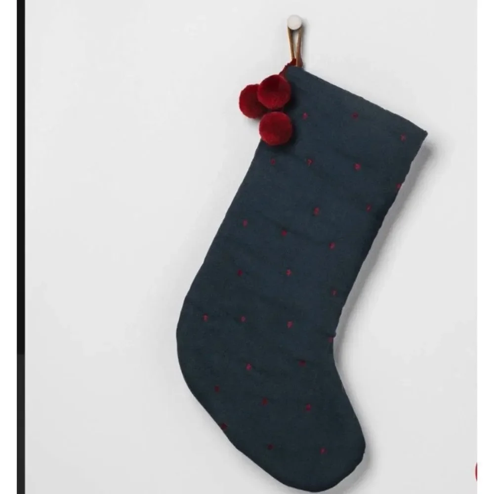 Hearth & Hand Embroidered Dark Green Quilted Christmas Stocking with PomPoms